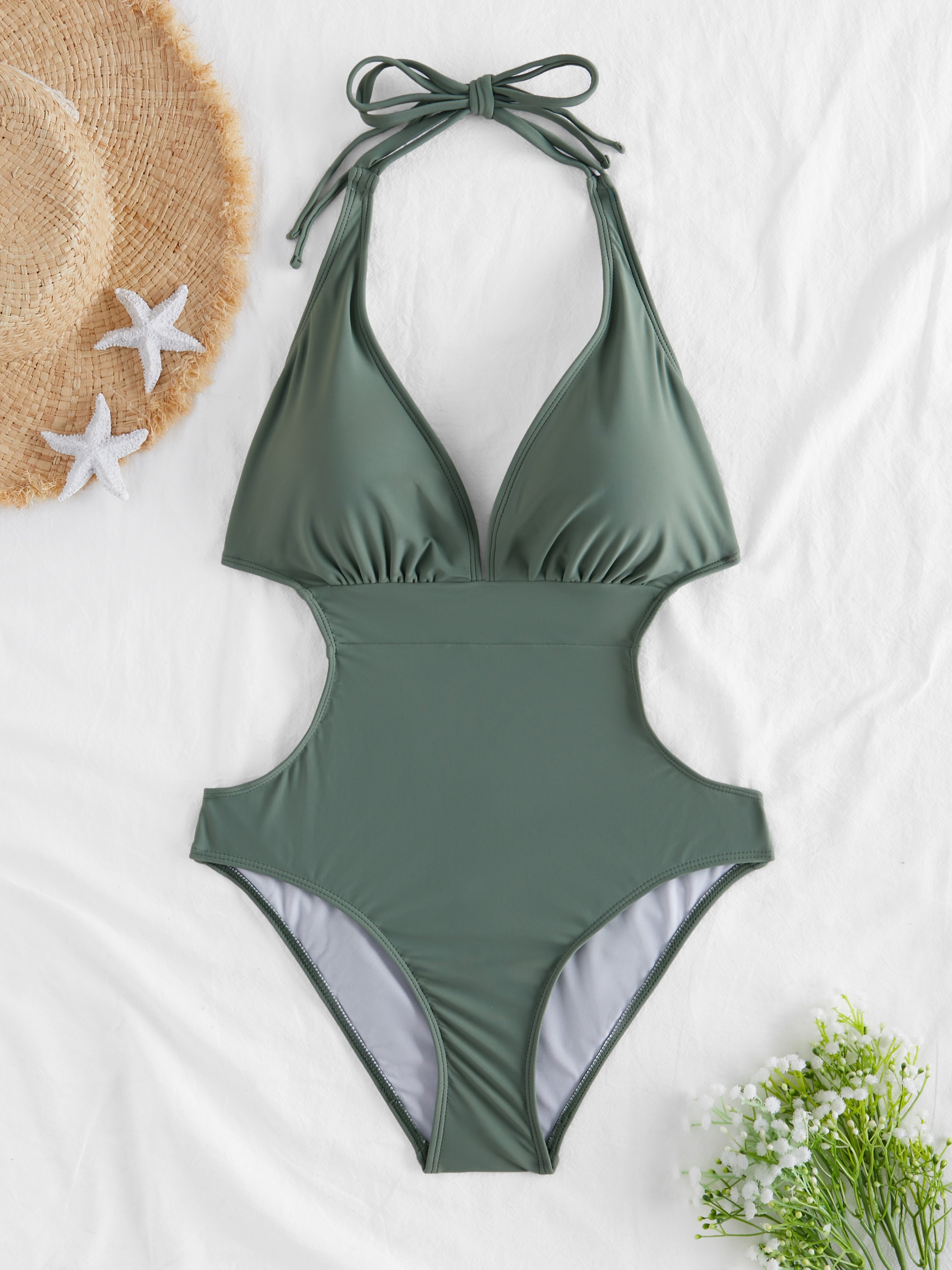 Solid Cutout Halter One-Piece Swimwear