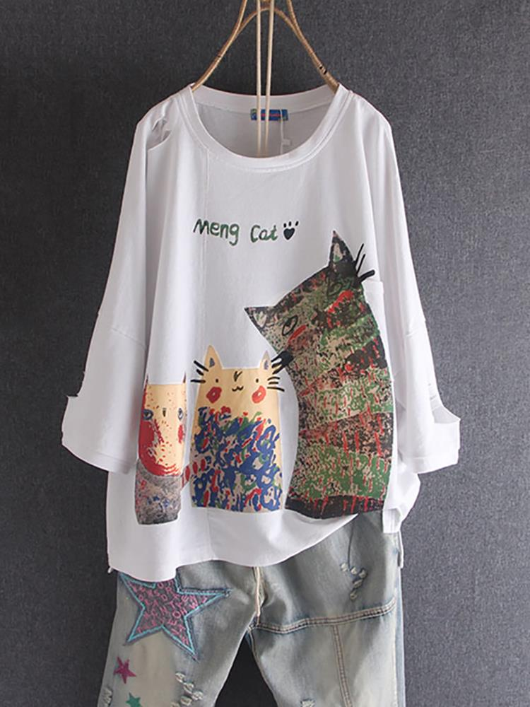 Cotton-Blend Long Sleeve Animal Shirts & Tops