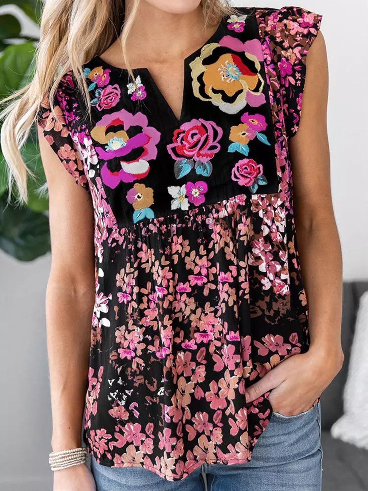 Casual V Neck Short Sleeve Floral Shirts & Tops