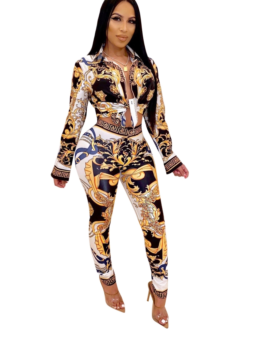 Print Retro African Long Sleeve Top and Pants Set