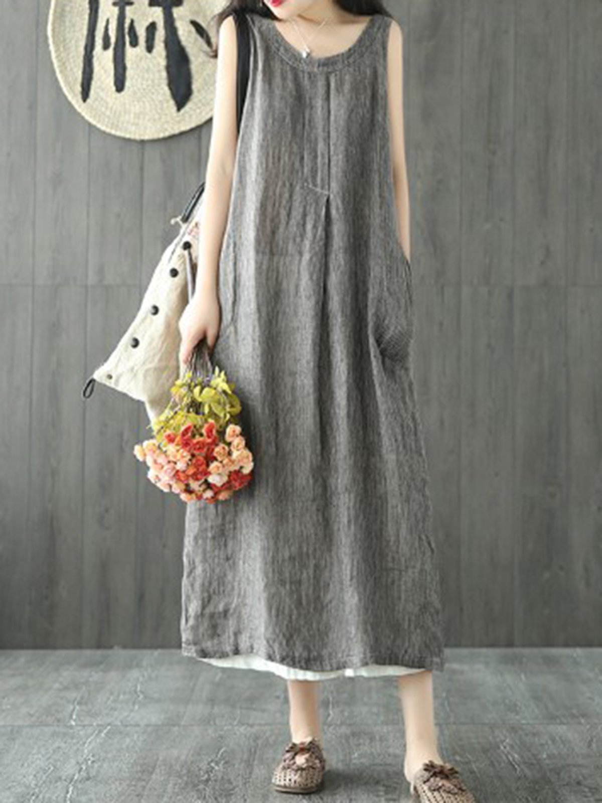 Linen Maxi Dress Plus Size  Crew Neck Shift Sleeveless Casual