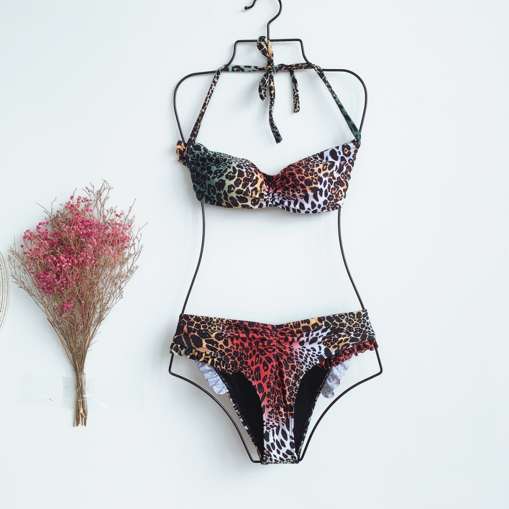 Sexy Two Piece Ruffles Leopard Halter Swimwear