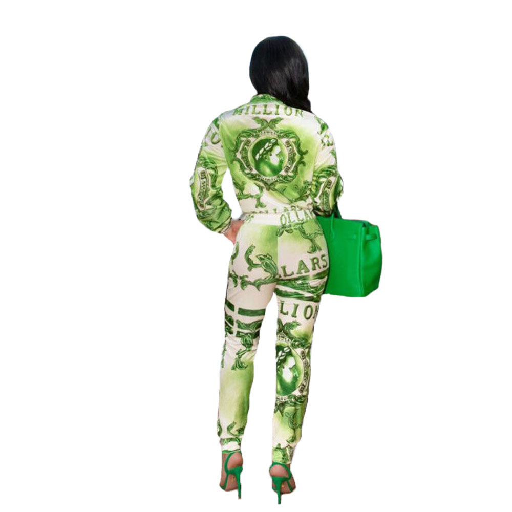 Autumn Retro Print Zipper Crop Top and High Waist Pants Set