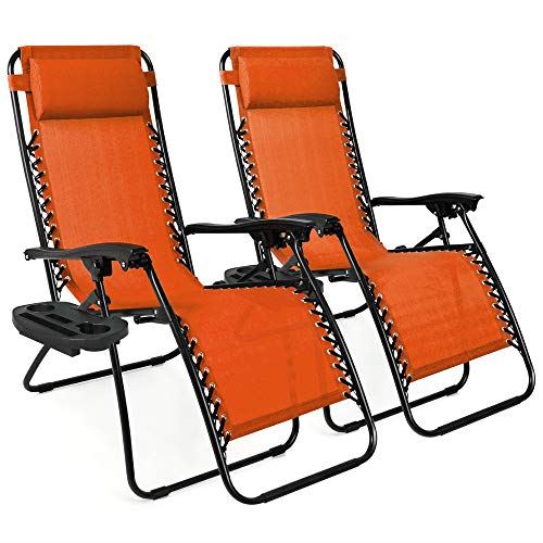 Best Choice Products Set of 2 Adjustable Steel Mesh Zero Gravity Lounge Chair Recliners w/Pillows and Cup Holder Trays �C Burnt Orange