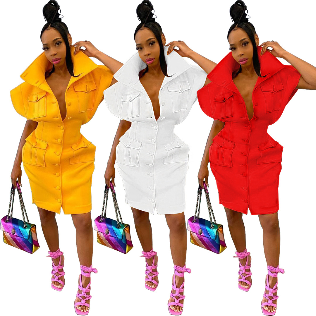 Womens individual pockets shrink waist button dress MTY6520