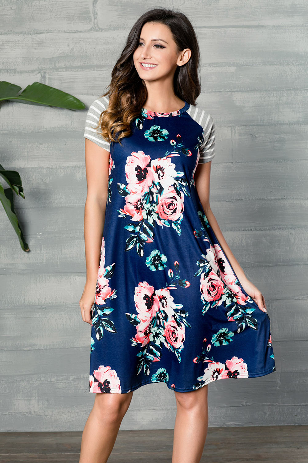 Blue Backdrop Floral Print A-line Loose T-shirt Dress