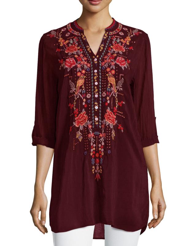 Long Sleeve V Neck Cotton-Blend Shirts & Tops