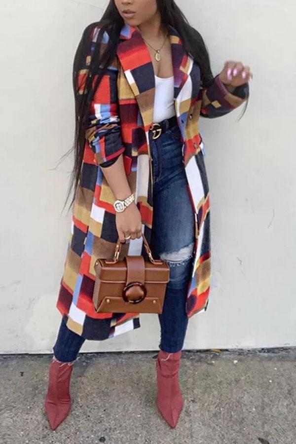 Fashion Lapels Geometric Figure Long Trench Coat