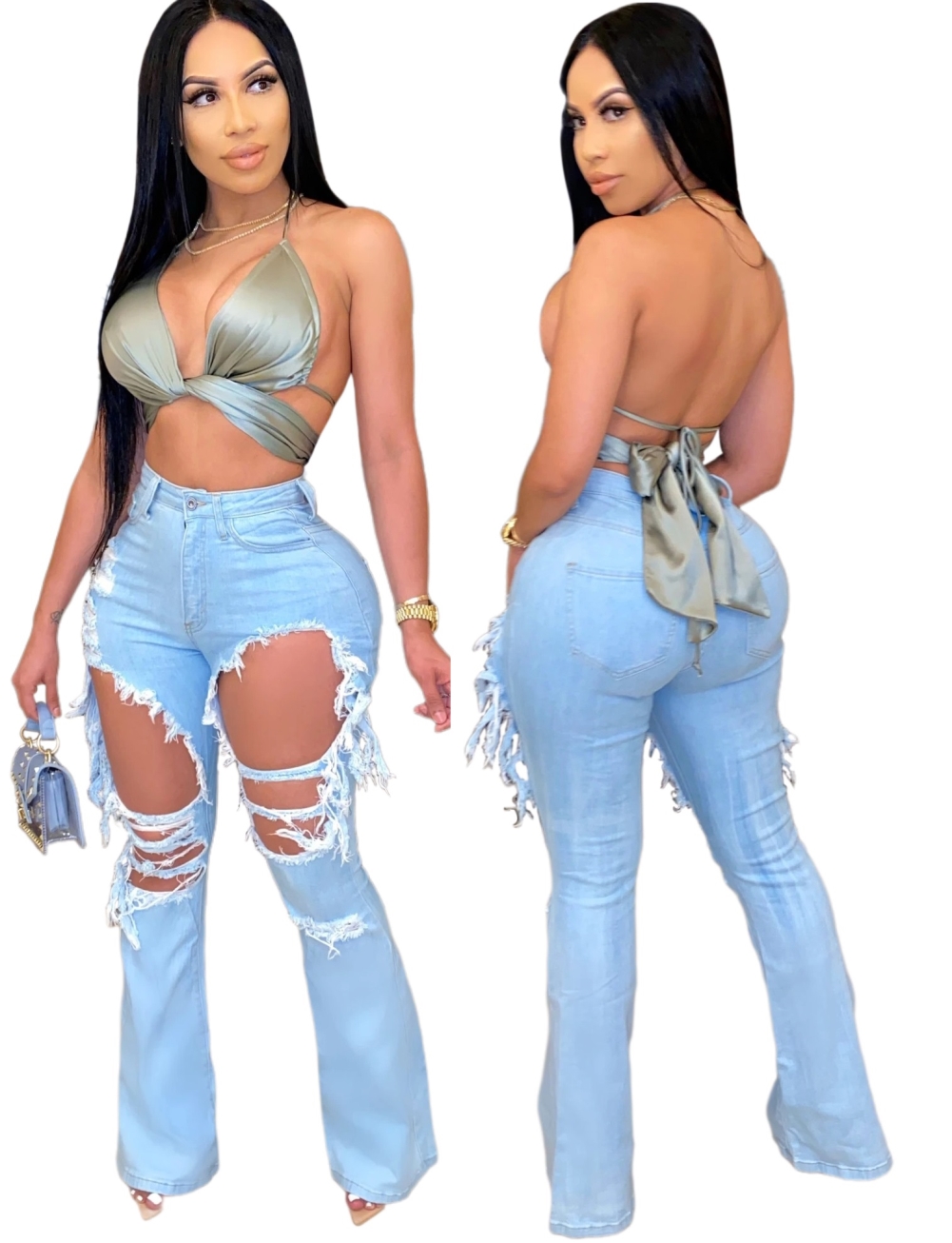 Light Blue Cut Out High Waist Jeans