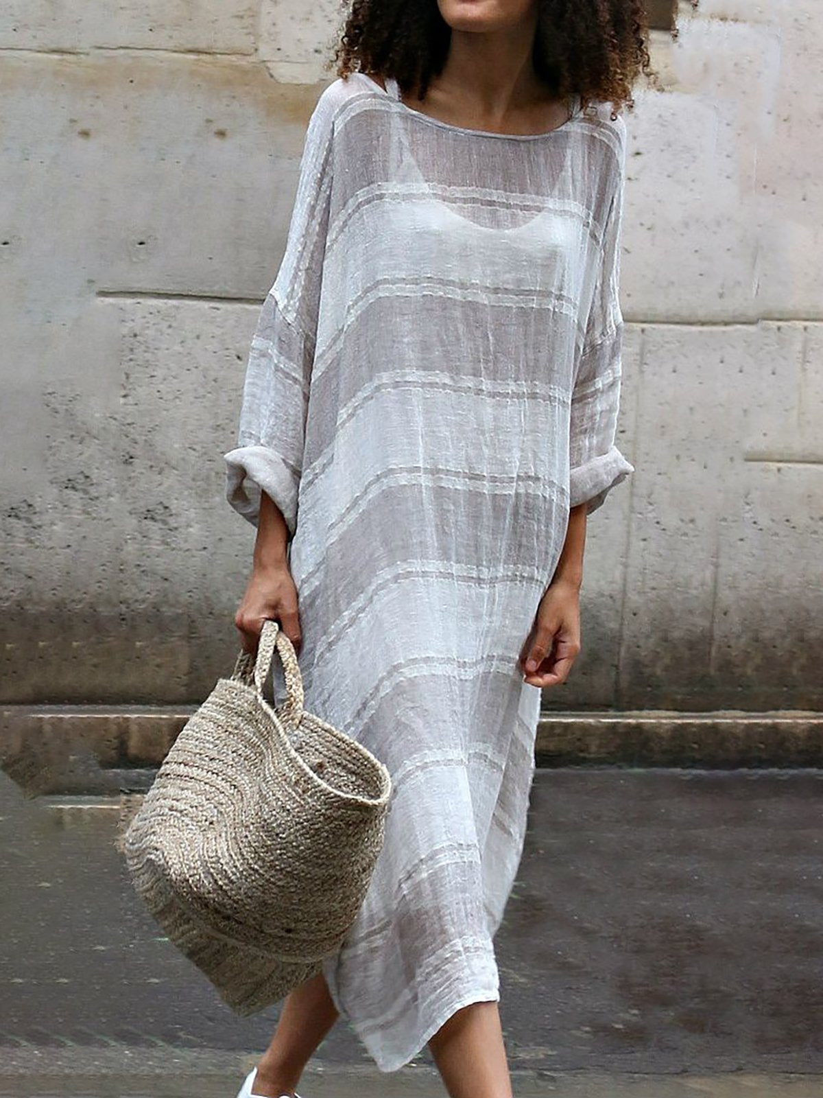 Long Sleeve Linen Dress Soft Stripe Maxi Dress
