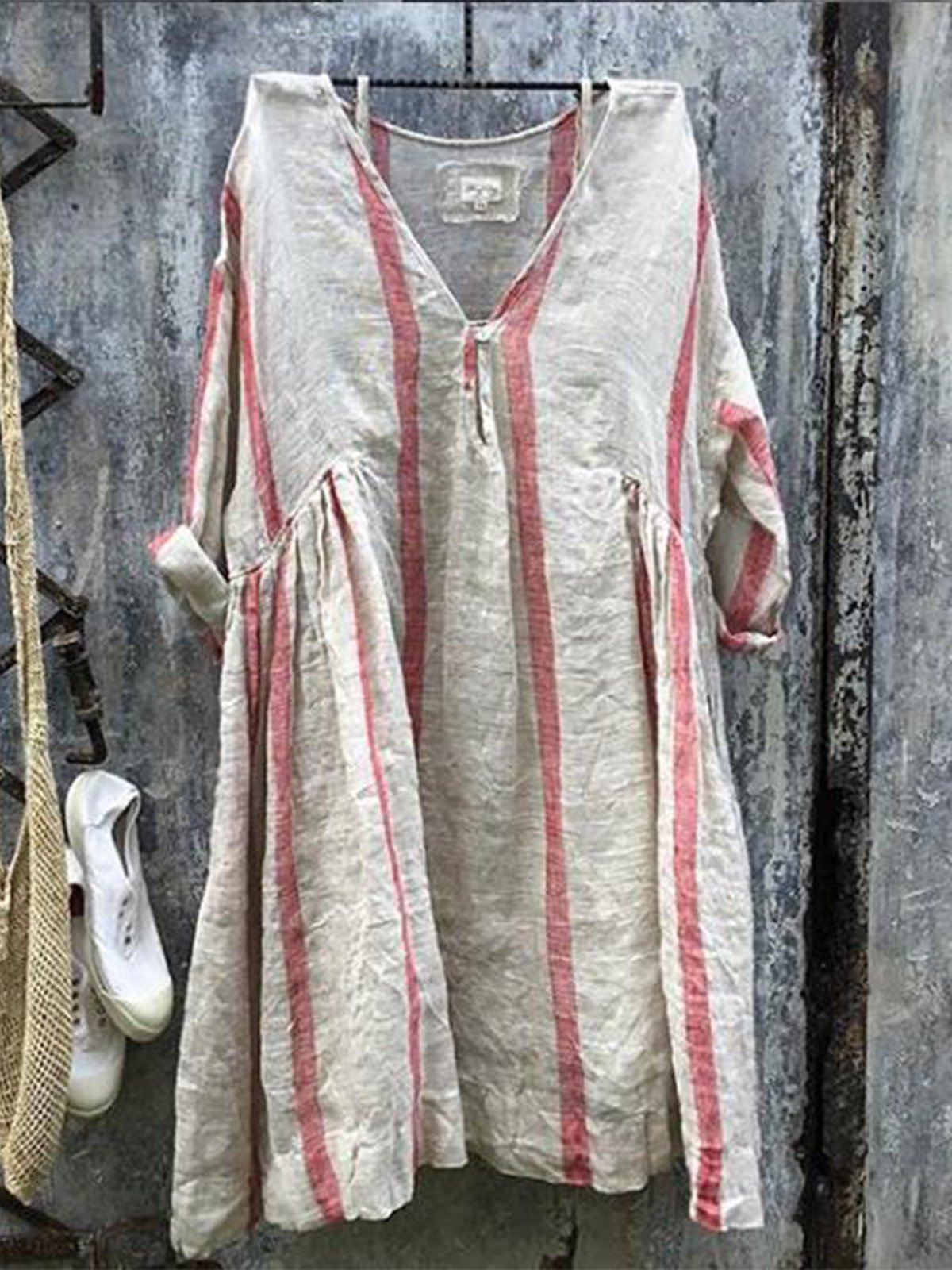 Casual Short Sleeve Striped V Neck Dresses