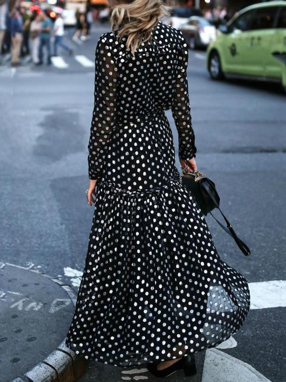 Plus Size Women Date Chiffon Long Sleeve Elegant Paneled Polka Dots Maxi Dress