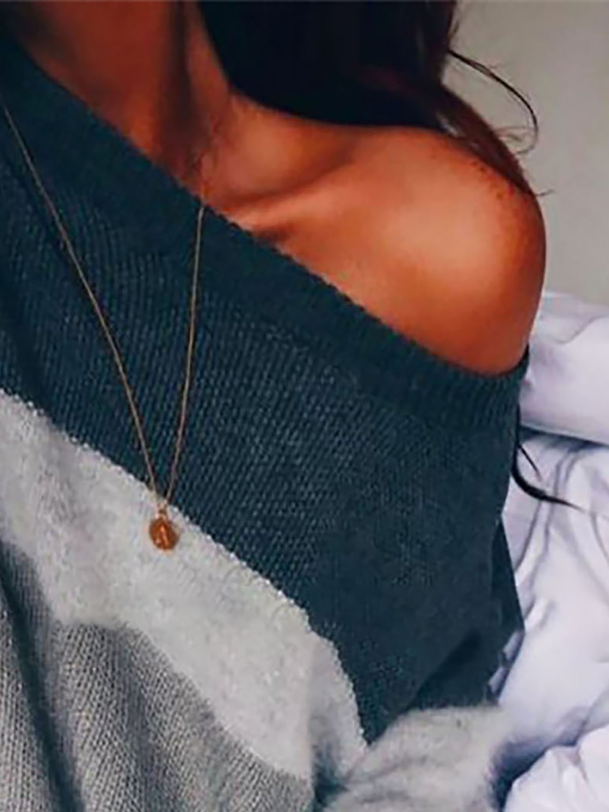 Paneled Striped Long Sleeve Crew Neck Sweater