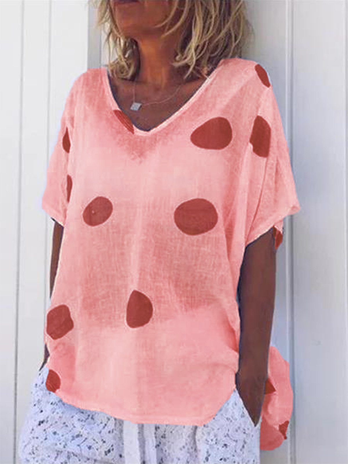 Casual V Neck Polka Dots Short Sleeve Shirts