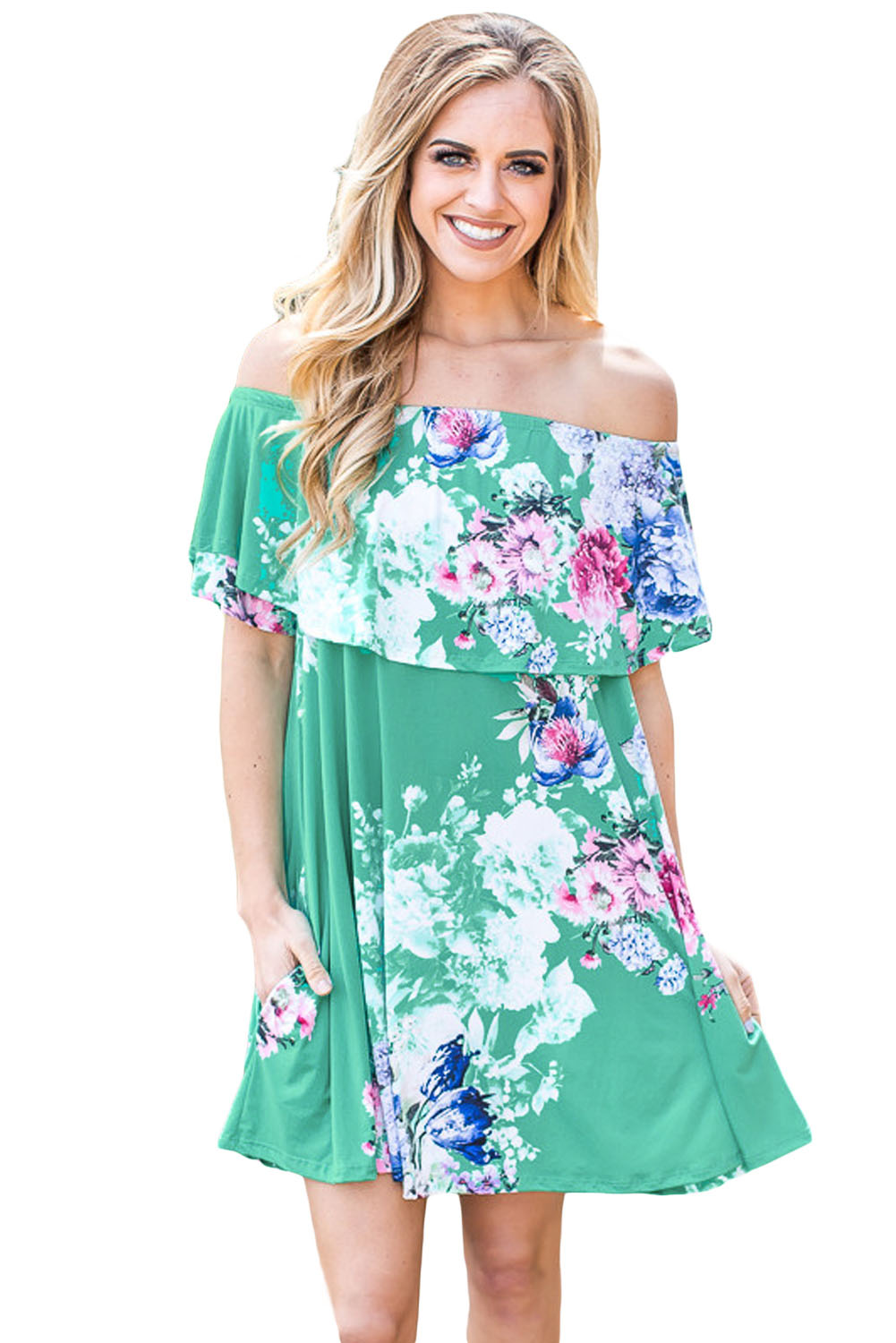 Ruffle Off Shoulder Mint Floral Mini Dress