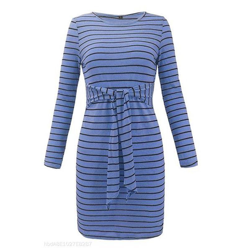 Round Neck  Belt Loops  Striped  Long Sleeve Bodycon Dresses