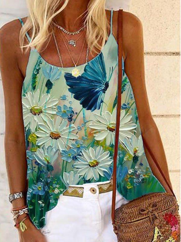 Floral-print Sleeveless Cotton-Blend Casual Shirts & Tops