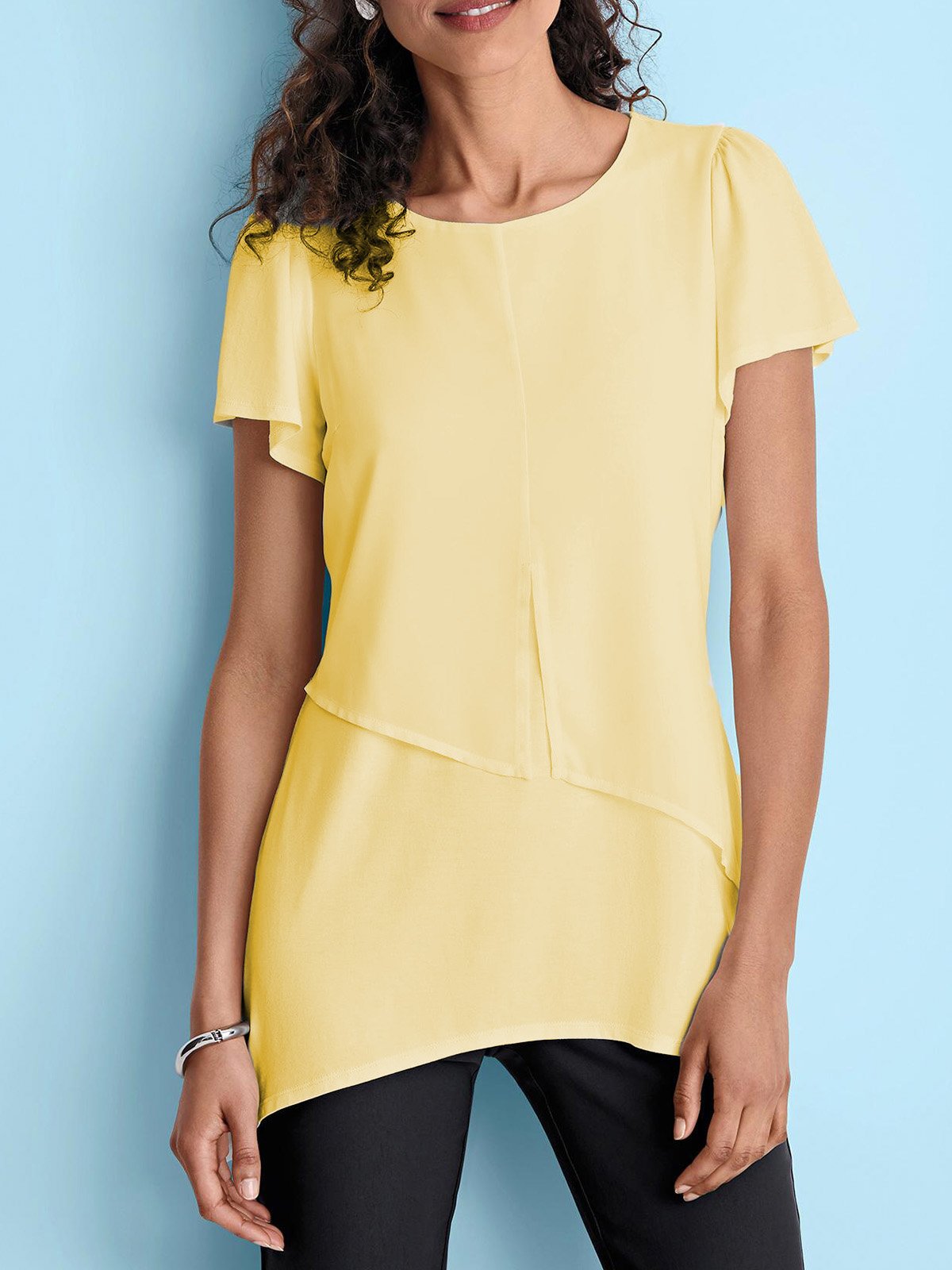 Chiffon Casual Round Neck Short Sleeve Shirts & Tops