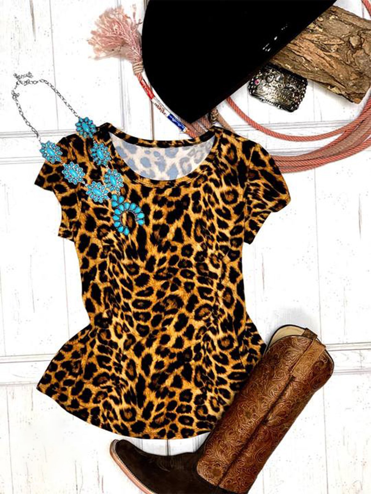 Leopard Shift Short Sleeve Jersey Sexy Shirts & Tops