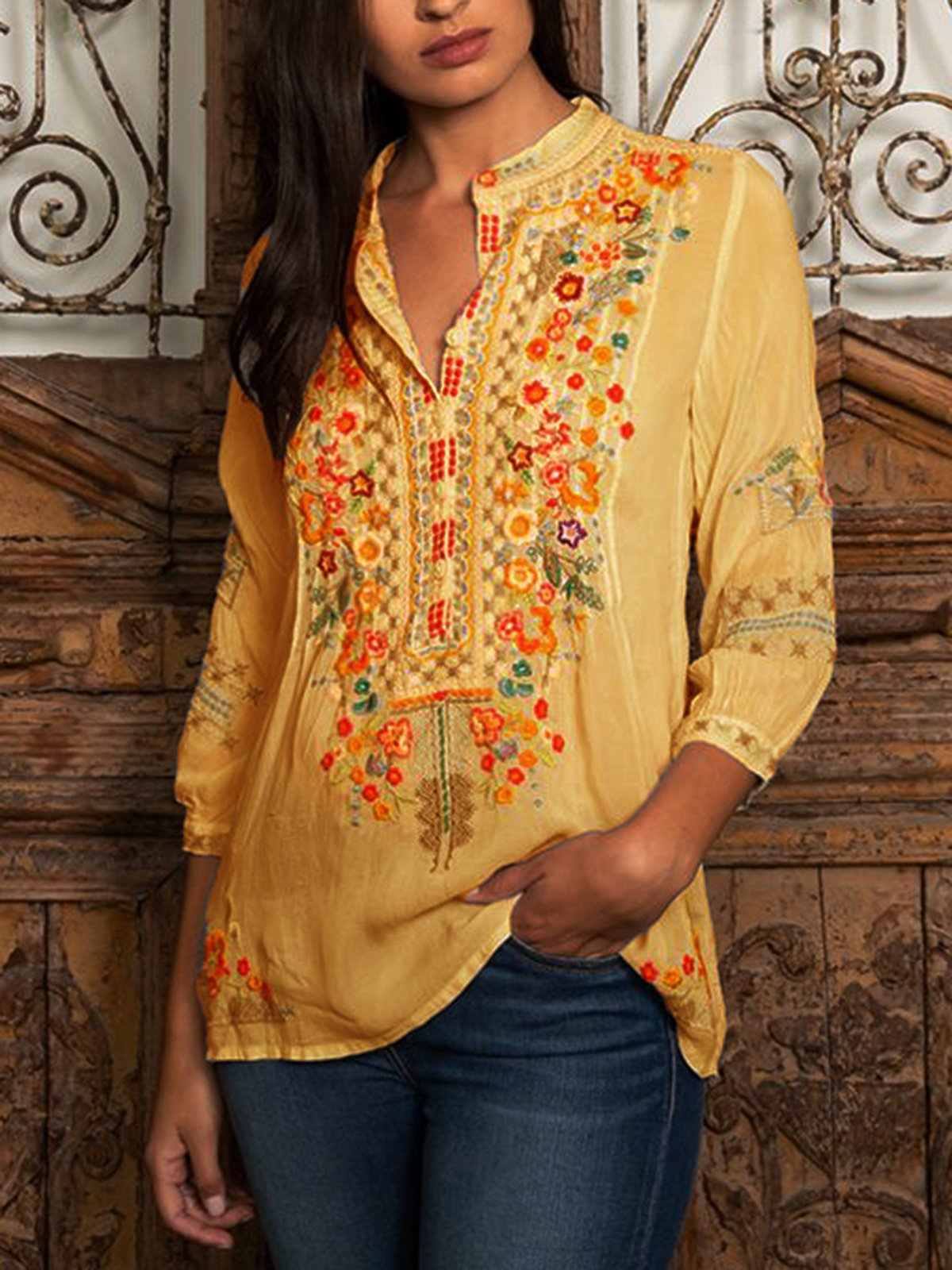 Plain Casual V Neck Shirts & Tops