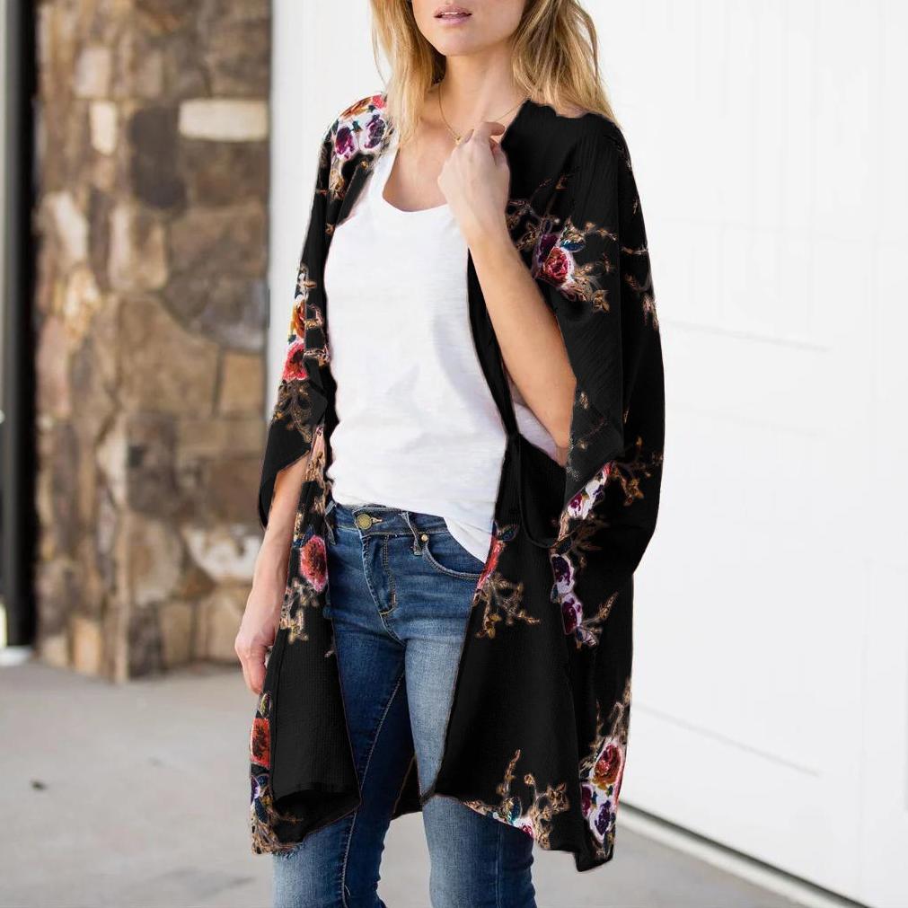 Wild Coat Thin Printed Bat Sleeve Mid-Length Cardigan Top