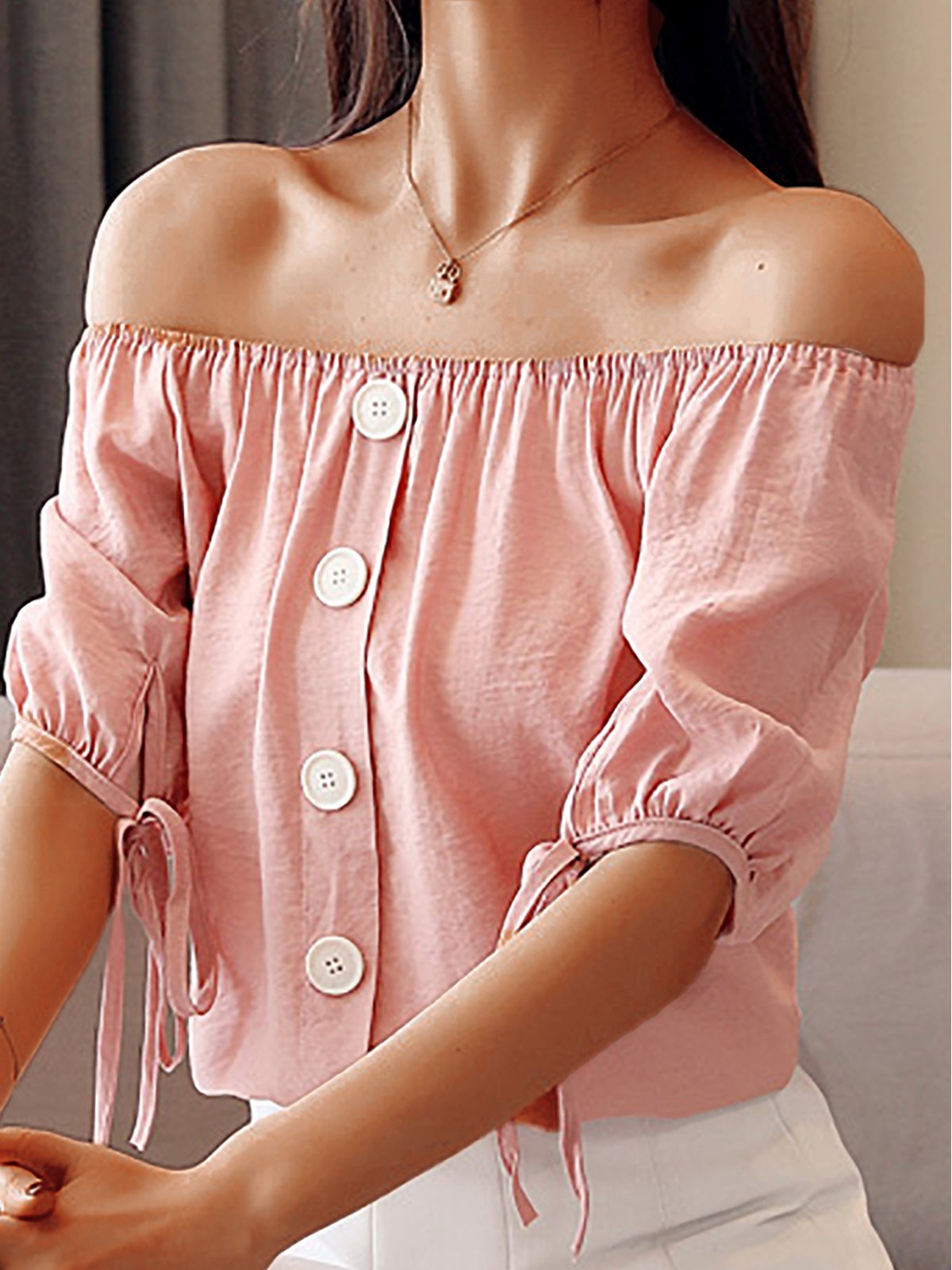 Plus Size Women Short  Sleeve  Off Shoulder  Solid   Casual  Tops