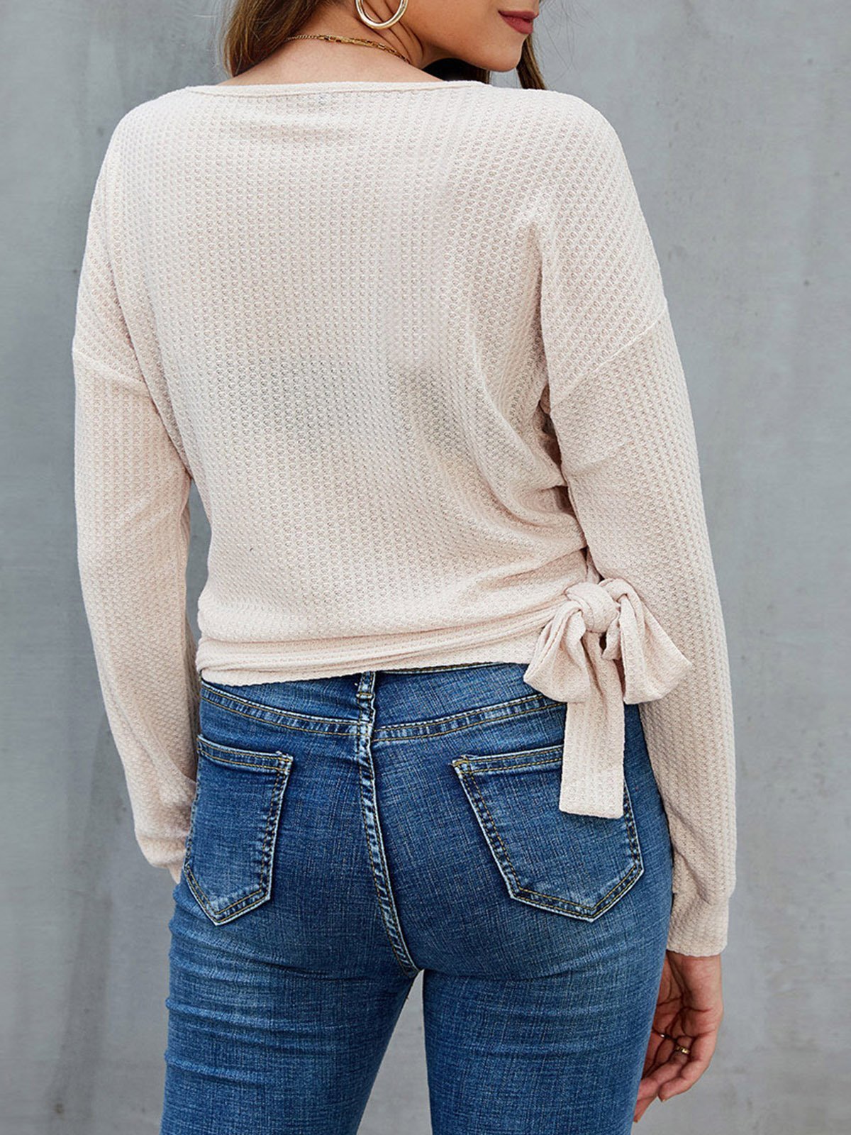 Apricot Casual Surplice Neck Knot Front Sweaters