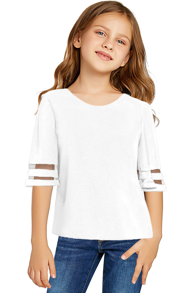 White Girl's 3/4 Bell Sleeve Mesh Panel Blouse