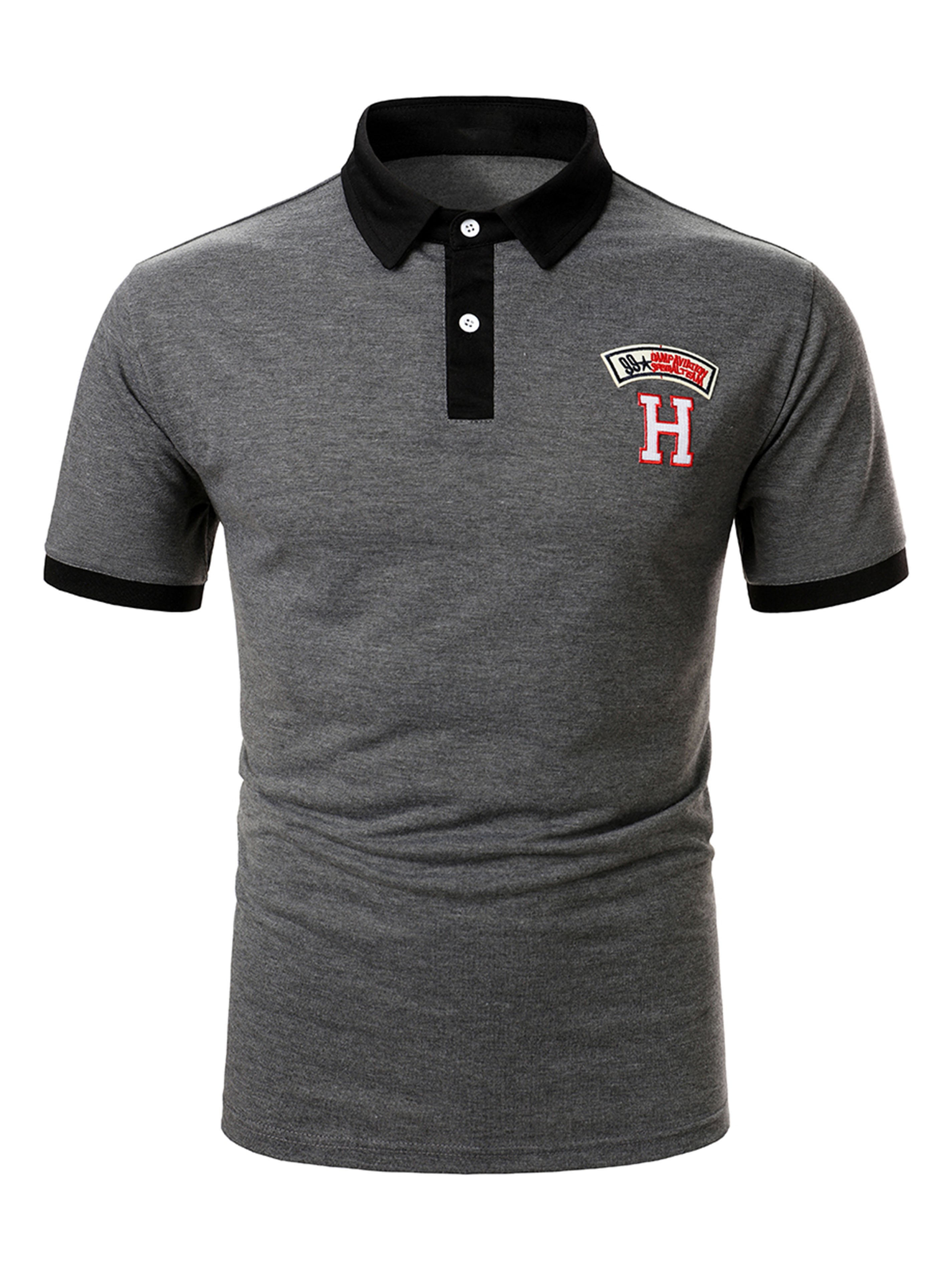 Men's Letter Applique Contrast Collar Polo Shirt
