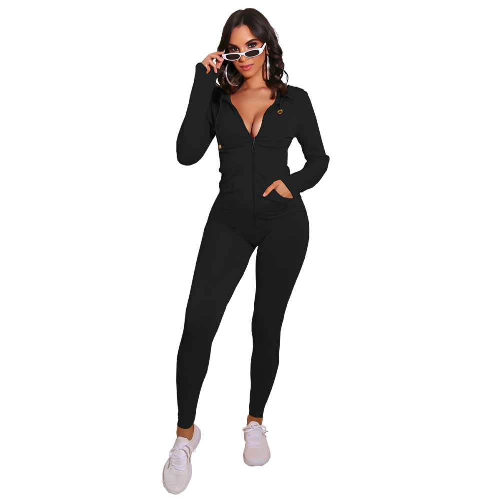 Autumn Sports Fitness Solid Plain Zip Up Hoodie Jumpsuit