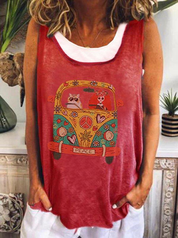 Round Neck Sleeveless Cartoon Car Print Casual Top