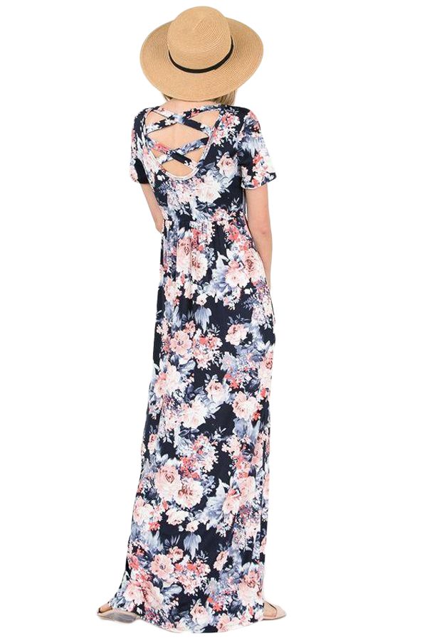 Coral Floral Pattern Short Sleeve Summer Maxi Dress in Black