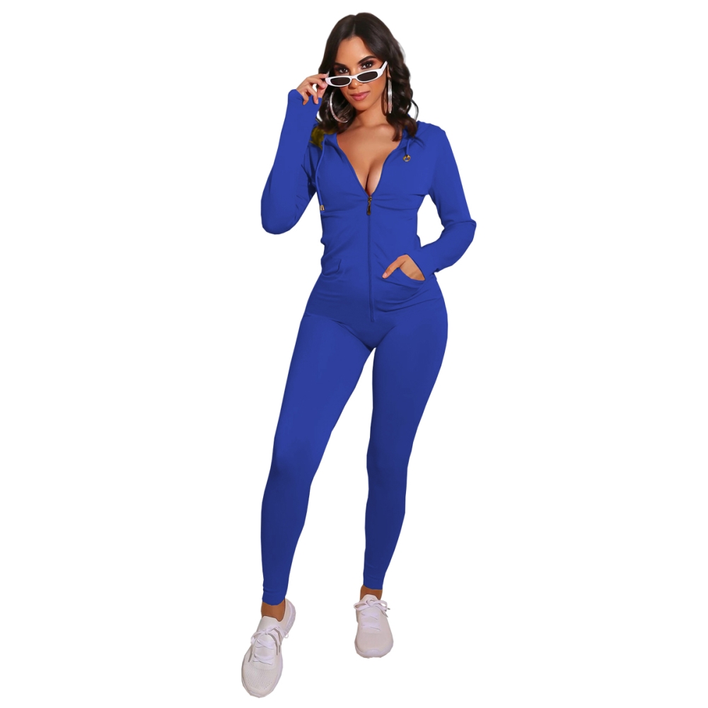 Autumn Sports Fitness Solid Plain Zip Up Hoodie Jumpsuit