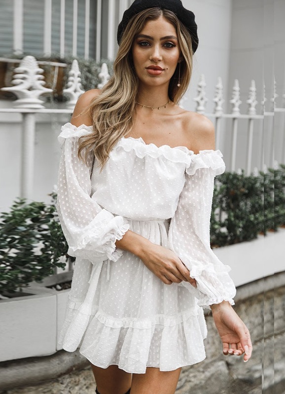 White Dot Off Shoulder Ruffle Dress
