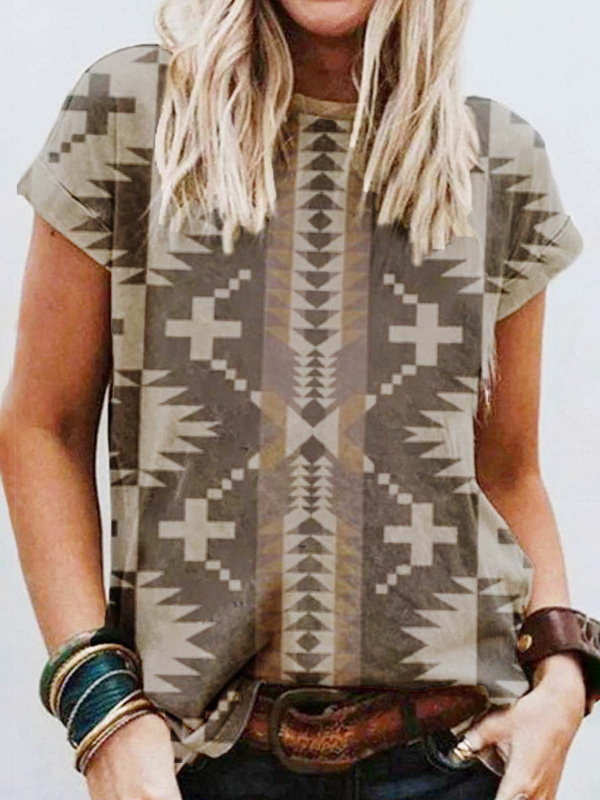 Cotton-Blend Short Sleeve Geometric Shirts & Tops