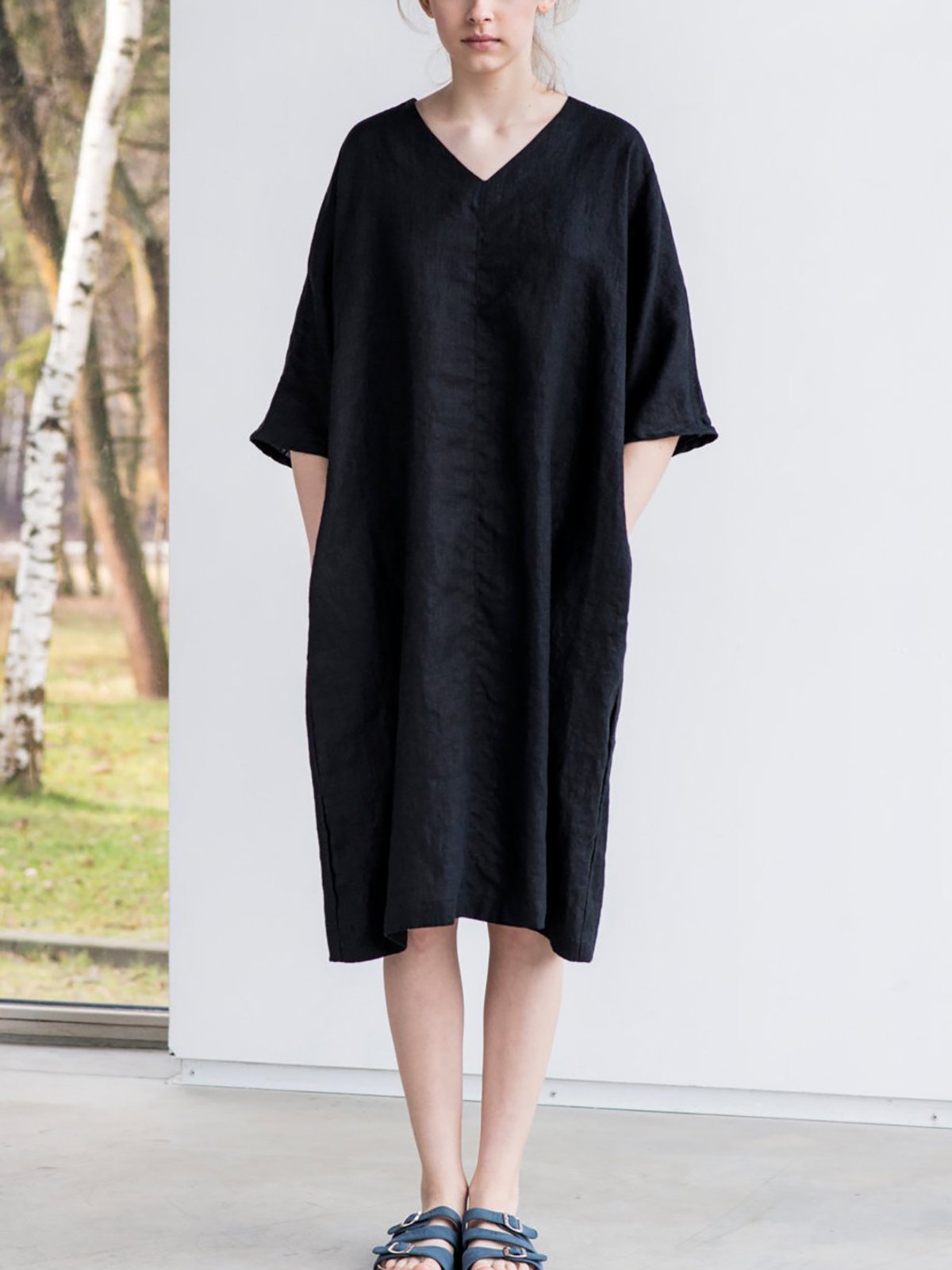Washed linen Oversize V Neckline Loose Cozy Linen Dress