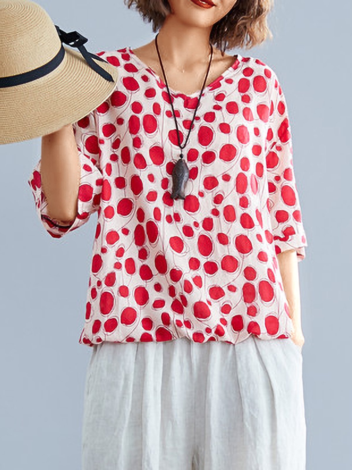 Plus Size Women Short Sleeve V Neck Vintage Floral Casual Tops