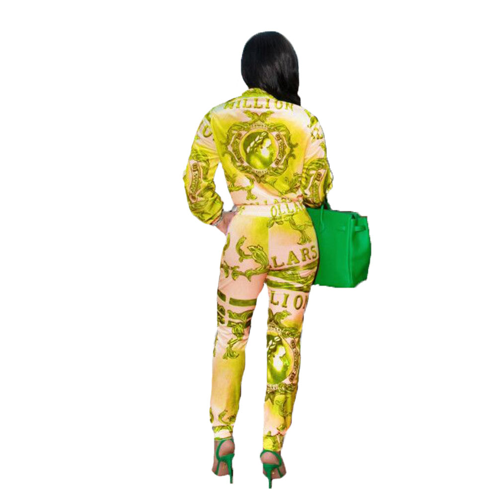 Autumn Retro Print Zipper Crop Top and High Waist Pants Set