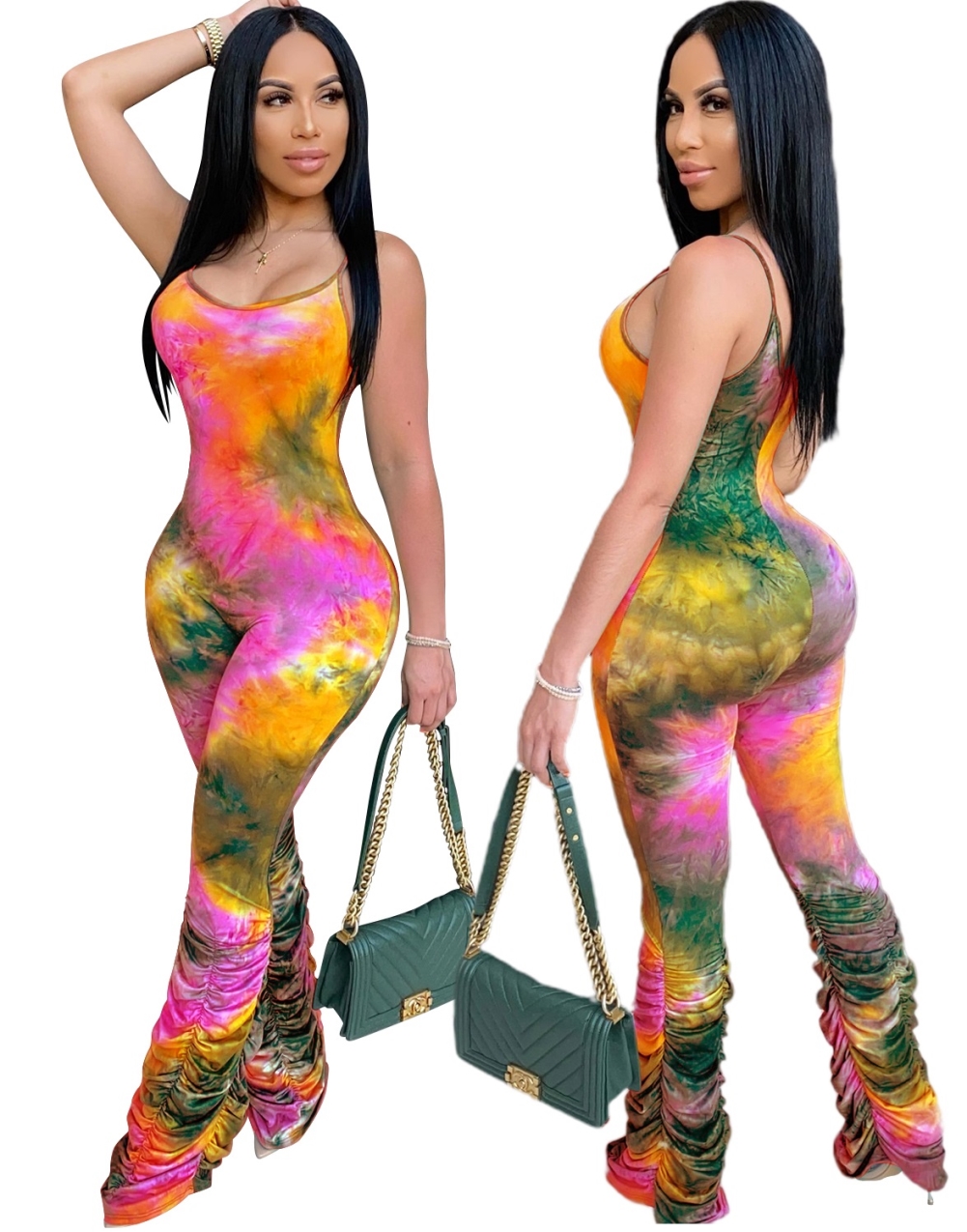 Sexy Tie Dye Straps Stacked Jumpsuit