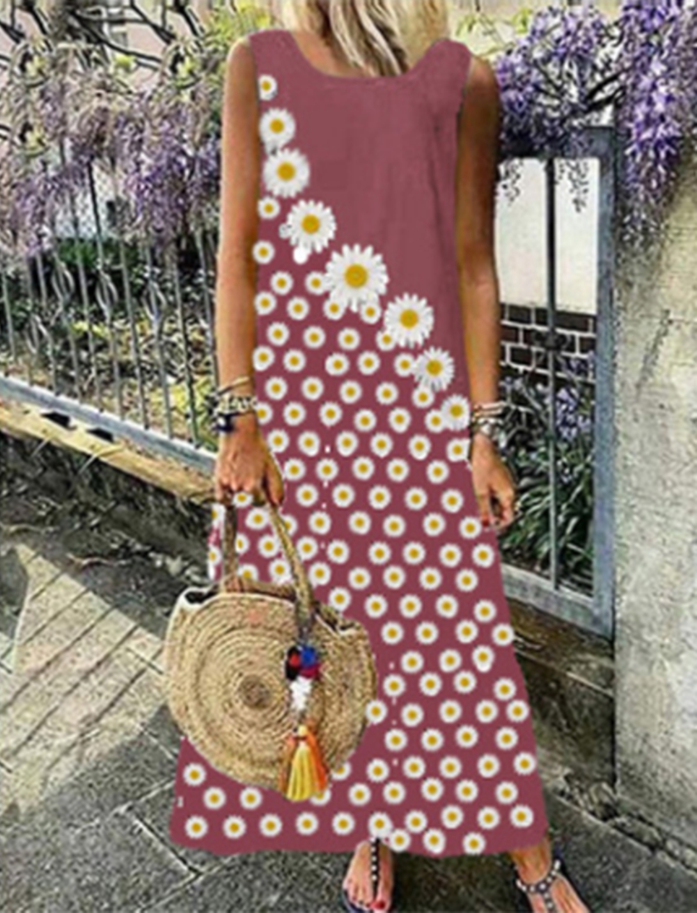 Flower Print Sleeveless Long Boho Dress