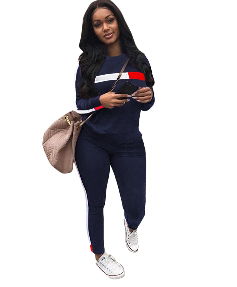 Autumn Casual Stripes O-Neck Shirt and Pants Set