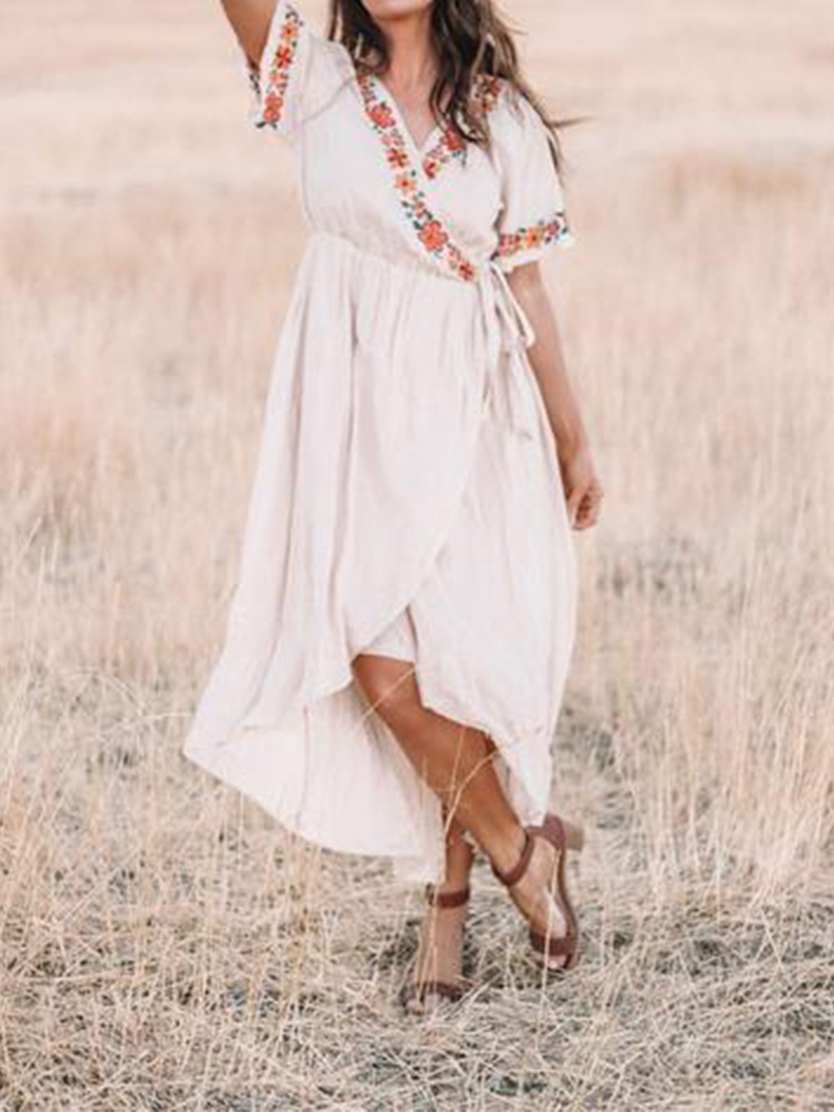 Boho Short Sleeve V Neck Cotton-Blend Dresses
