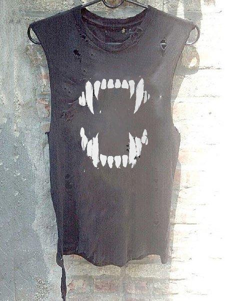 Black Cotton Crew Neck Sleeveless Shirts & Tops