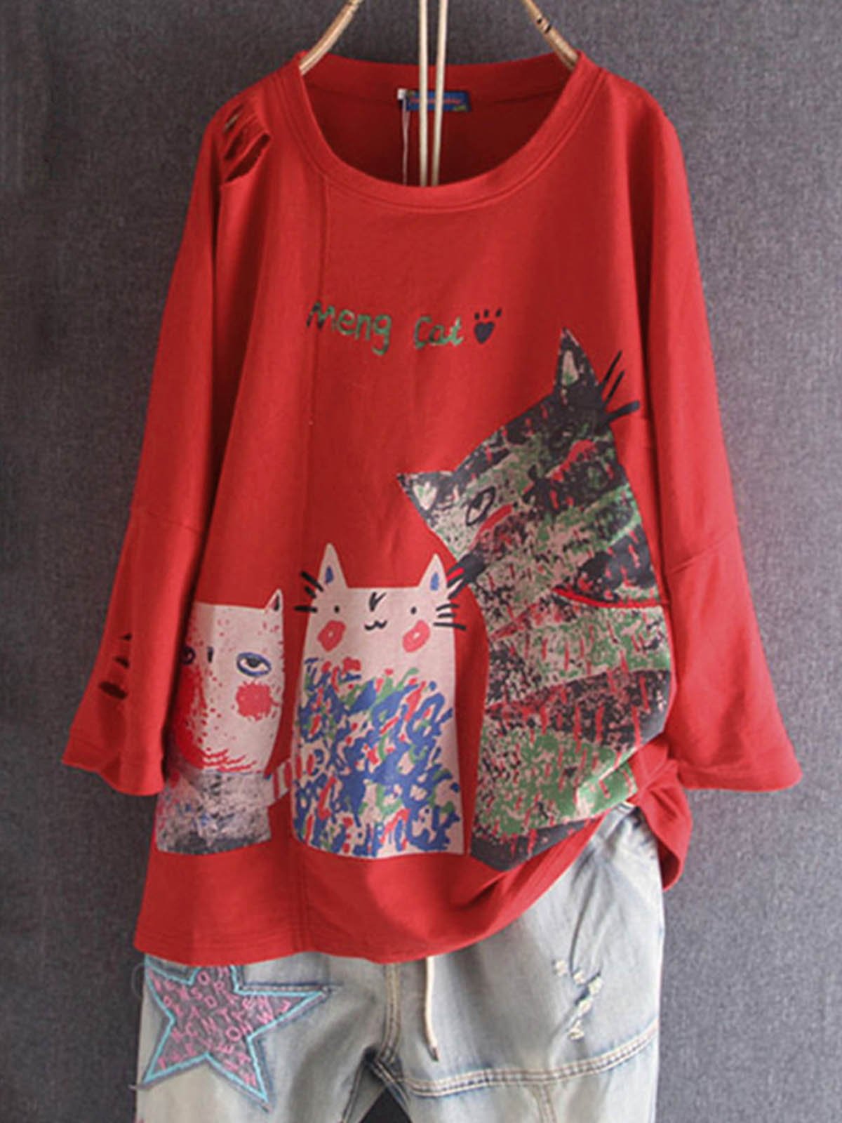 Cotton-Blend Long Sleeve Animal Shirts & Tops