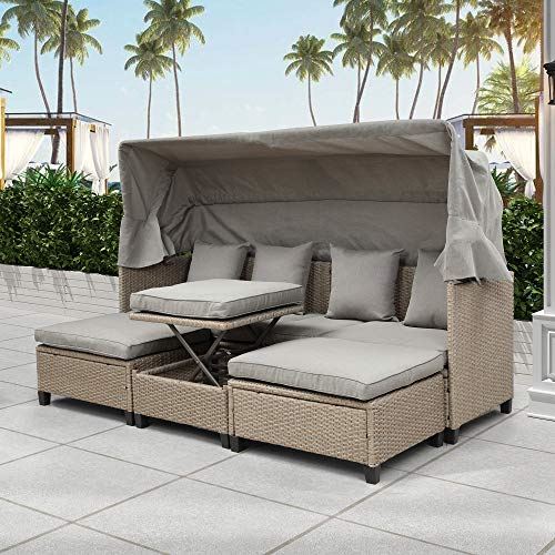 Outdoor Sectional Sofa Set with 4 Piece Patio Rattan Daybed with Retractable Canopy, UV-Proof Resin Wicker Patio Sofa Set with Cushions, Pillows, and Lifting Table