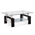 Mecor Rectangle Glass Coffee Table with Lower Shelf & Wooden Legs for Living Room