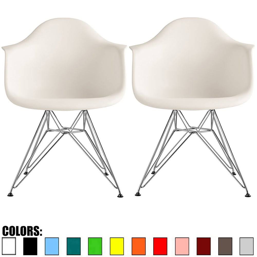 Set of 2 Plastic Eiffel Molded Shell Retro Dining Chairs Accent for Living Room Kitchen Chrome Desk Designer Office - White