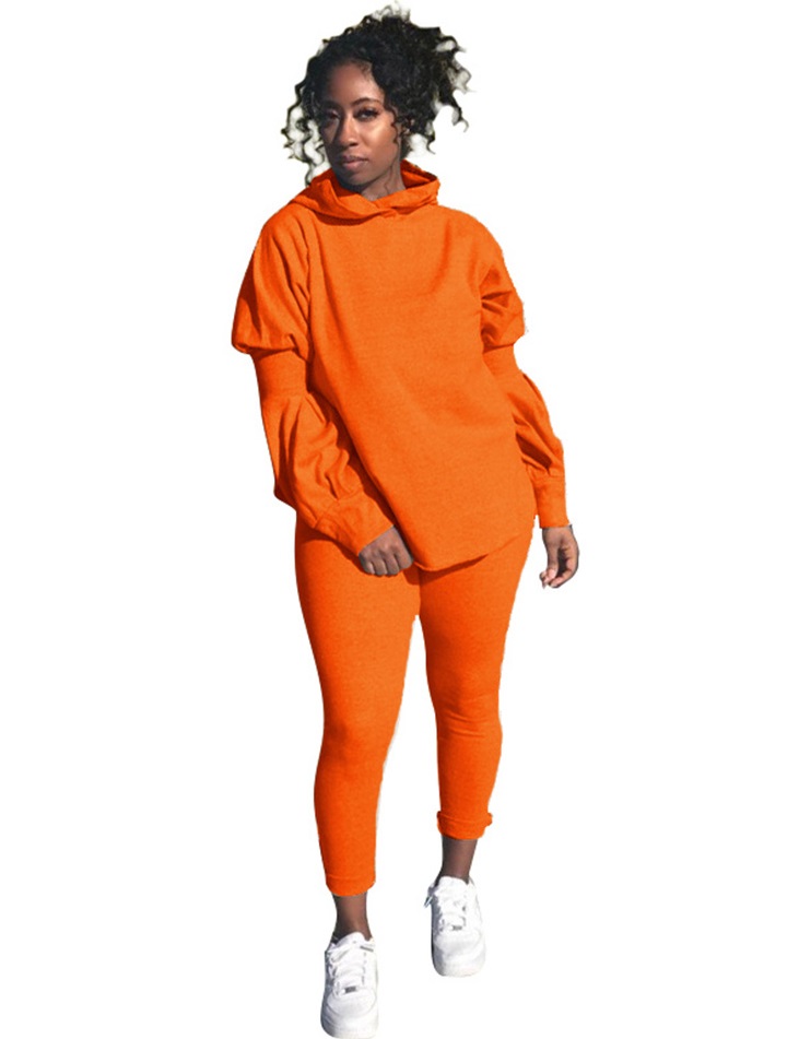 Autumn Solid Plain Matching Casual Hoody Top and Pants Set