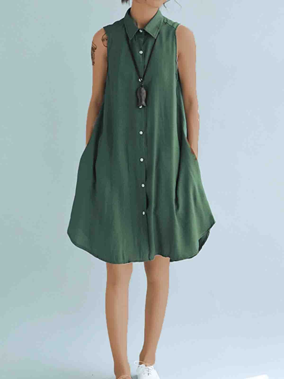 Plus Size Women Solid Sleeveless Linen Loose Casual Midi Vest Shirt