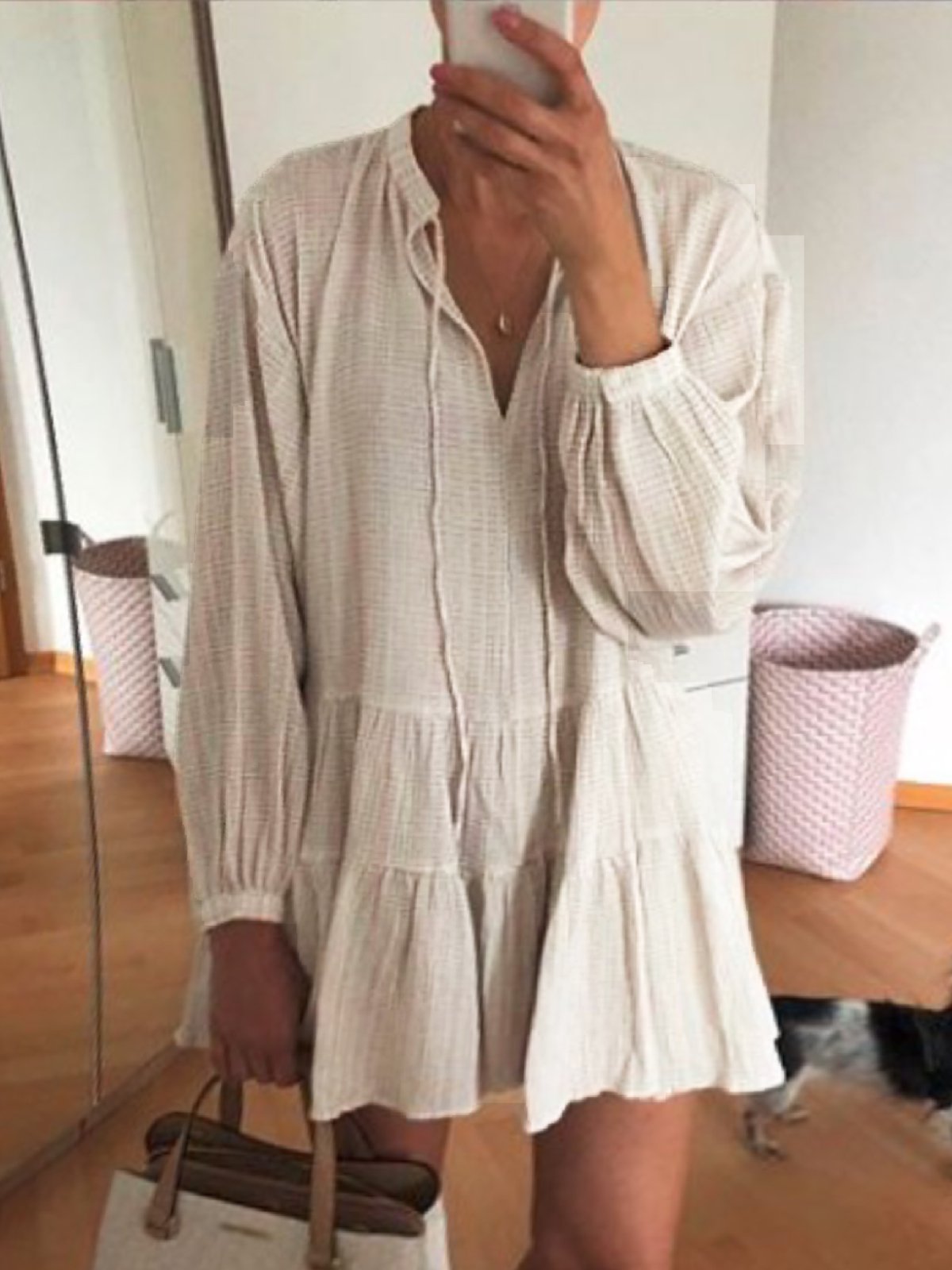 Beige Solid Long Sleeve Linen Dresses